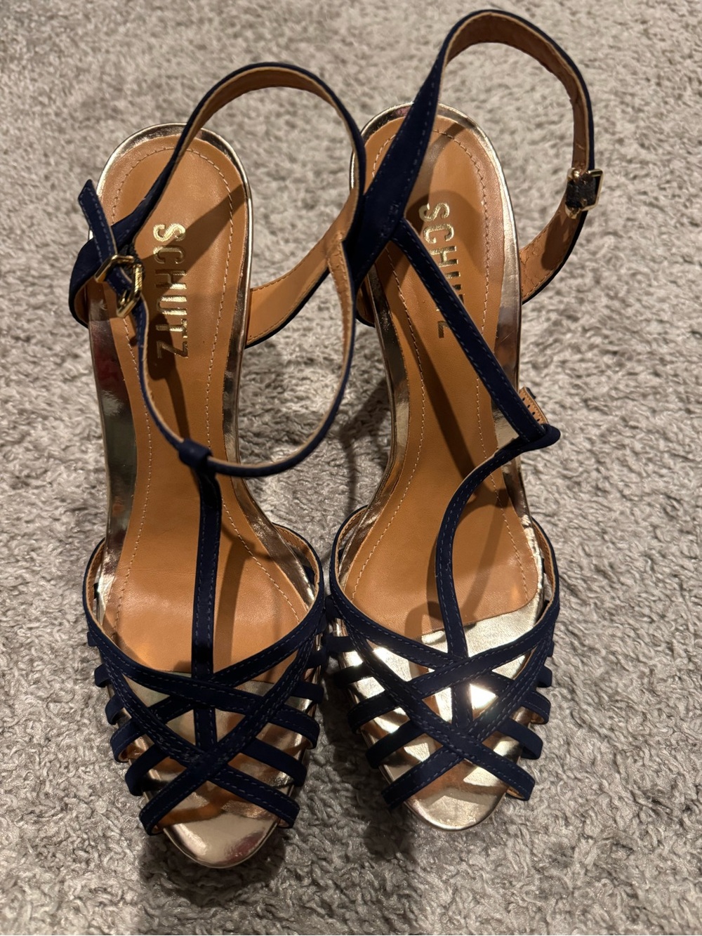 SCHUTZ Navy Strappy T-Bar High Heel Sandals with Gold Footbed - Picture 2 of 9